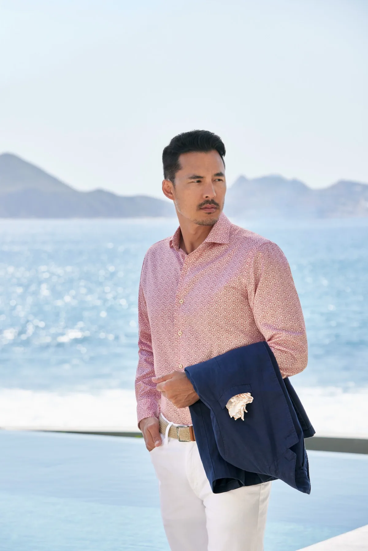 David Donahue patterned shirt with navy jacket — Kinkade's Fine Clothing